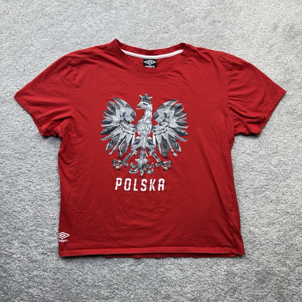 Umbro Mens Red T-Shirt Large Poland Eagle Geometric Graphic Soccer Tee
